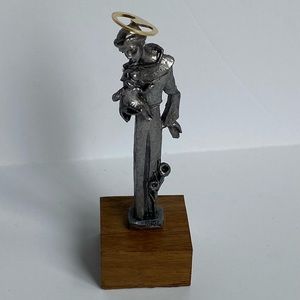 Peltro Cesellato A Mano St. Joseph Pewter Wood Base 4.5” Made In Italy Vintage